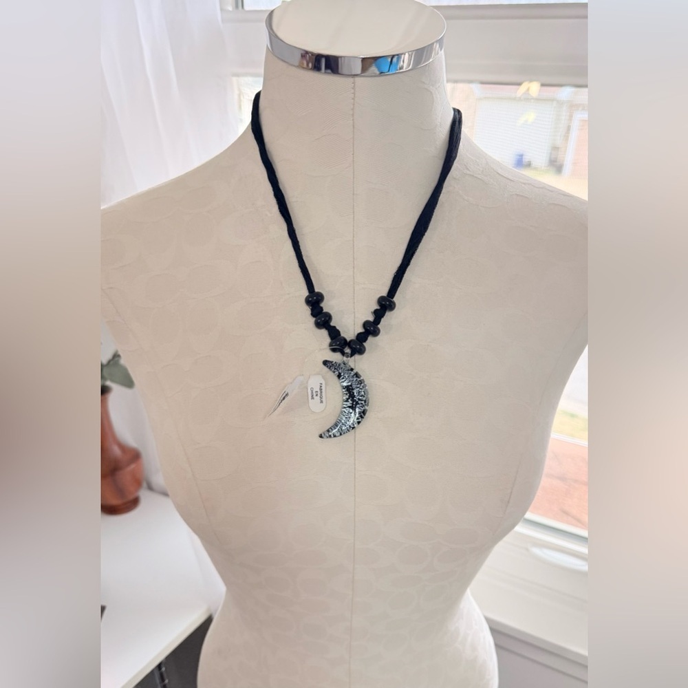 Free People Black Cord Blue Crescent Moon Necklace - Picture 2 of 4